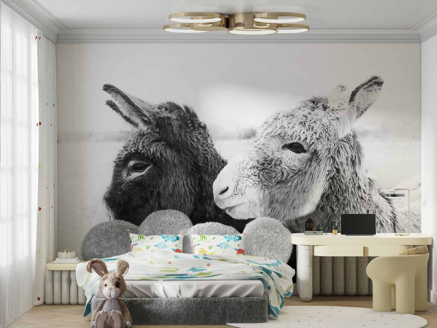 Minimalist donkey wallpaper in a modern UK lounge.