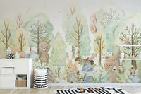 Doodles Bears Animals wallpaper mural styled along a hallway feature wall near a console in green tones
