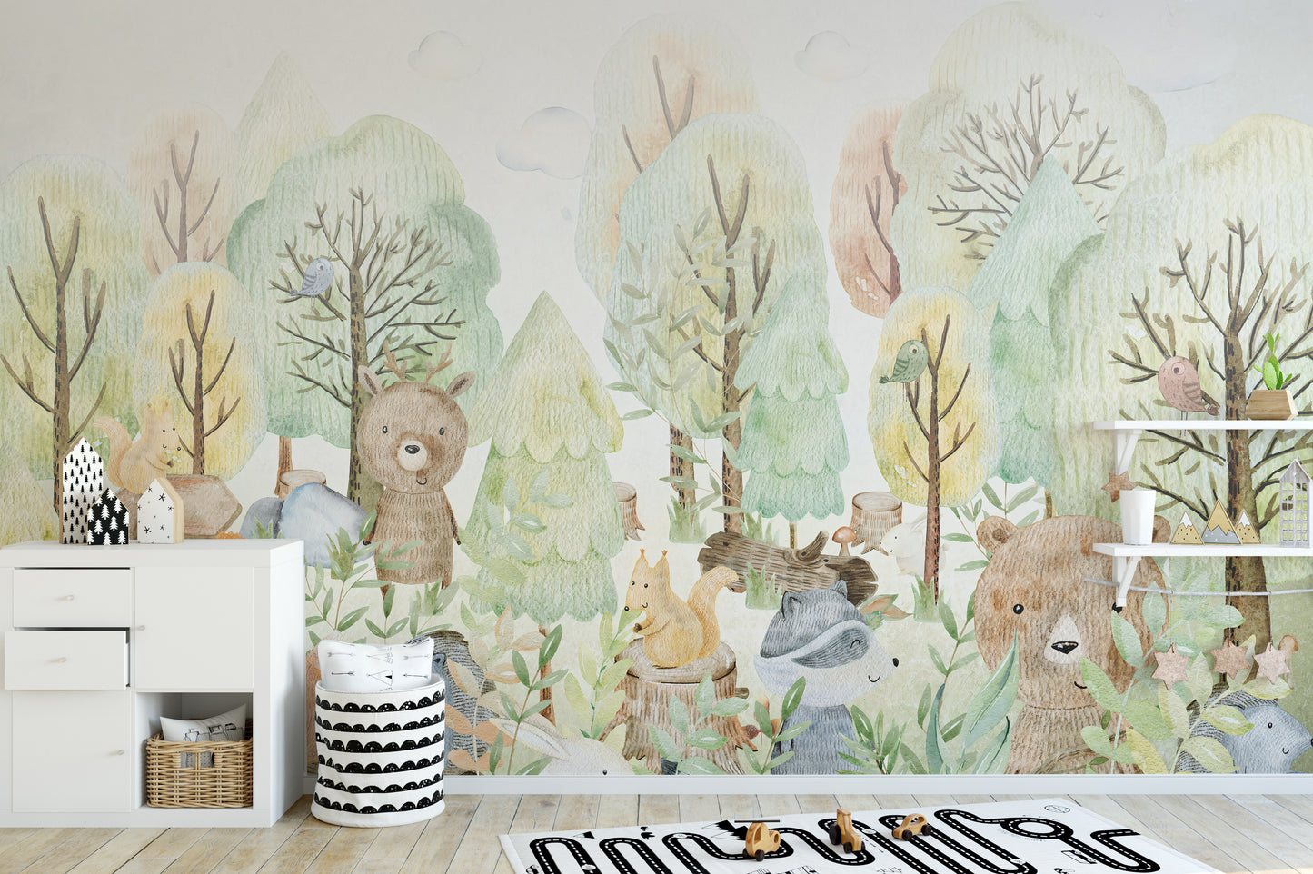 Doodles Bears Animals wallpaper mural as a feature wall in a home office workspace in green tones