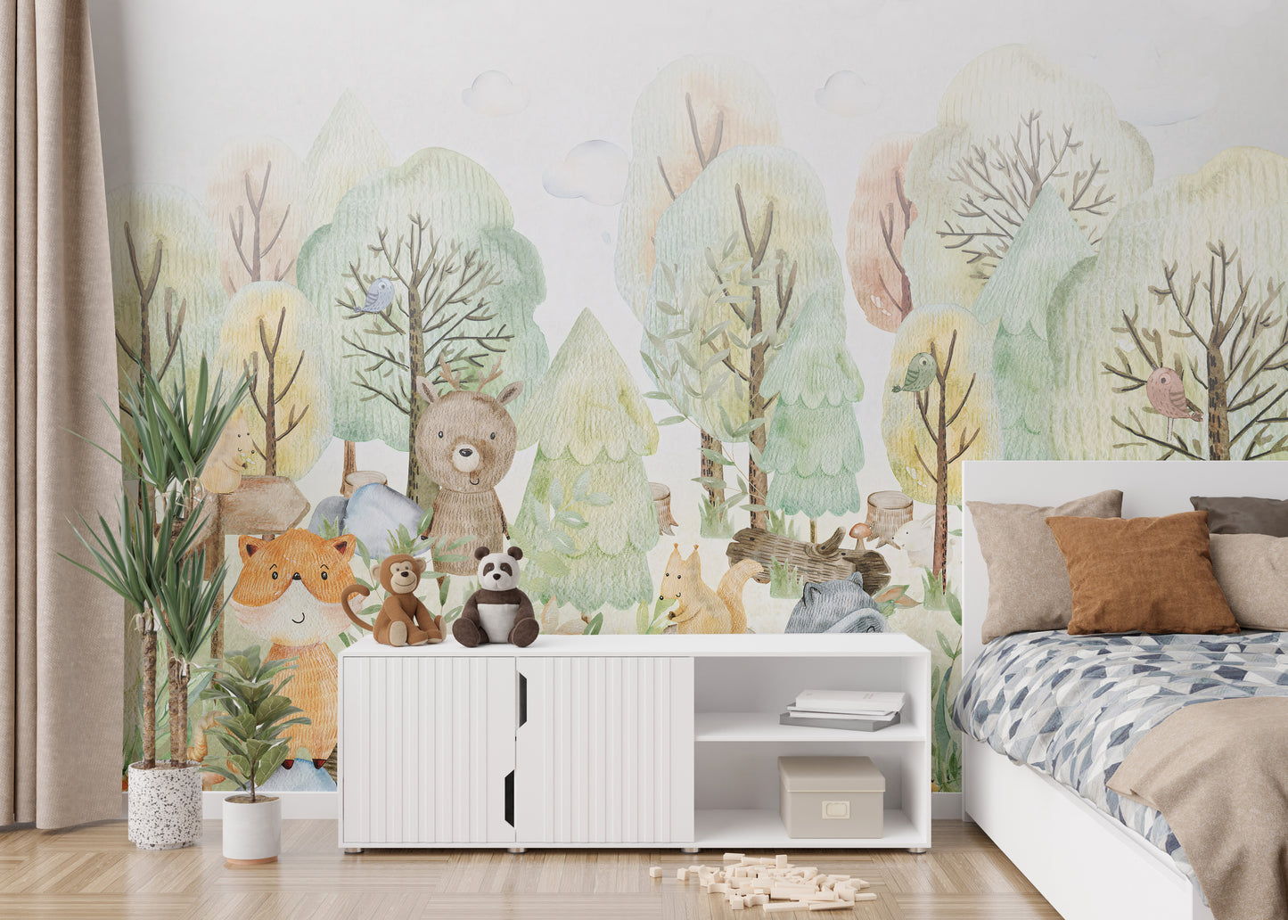 Doodles Bears Animals wallpaper mural styled as a feature wall behind a dining table and chairs in green tones
