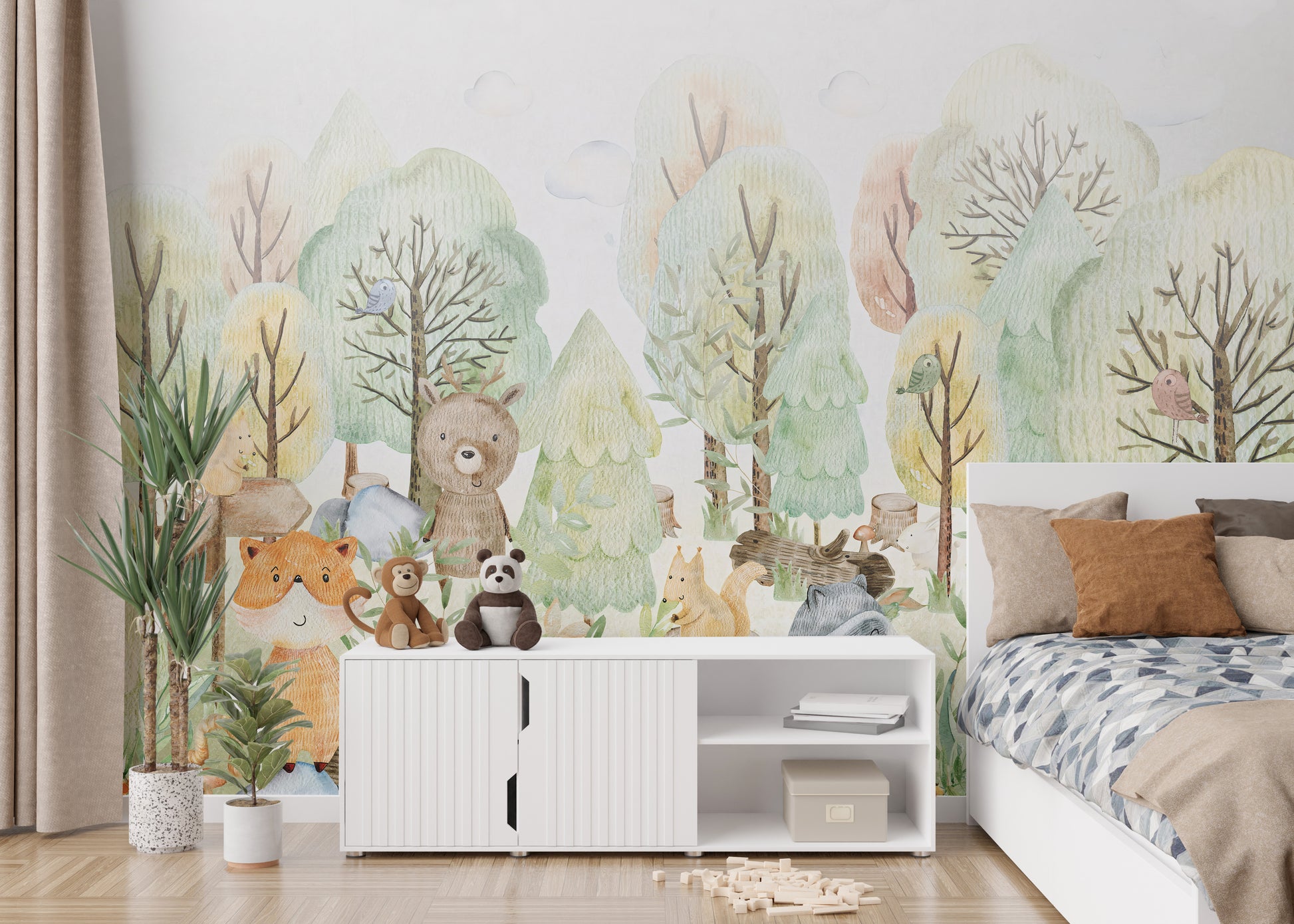 Doodles Bears Animals wallpaper mural styled as a feature wall behind a dining table and chairs in green tones