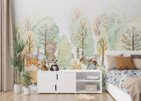Doodles Bears Animals wallpaper mural styled as a feature wall behind a dining table and chairs in green tones