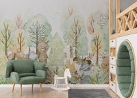 Doodles Bears Animals wallpaper mural as a bedroom feature wall behind the headboard in green tones