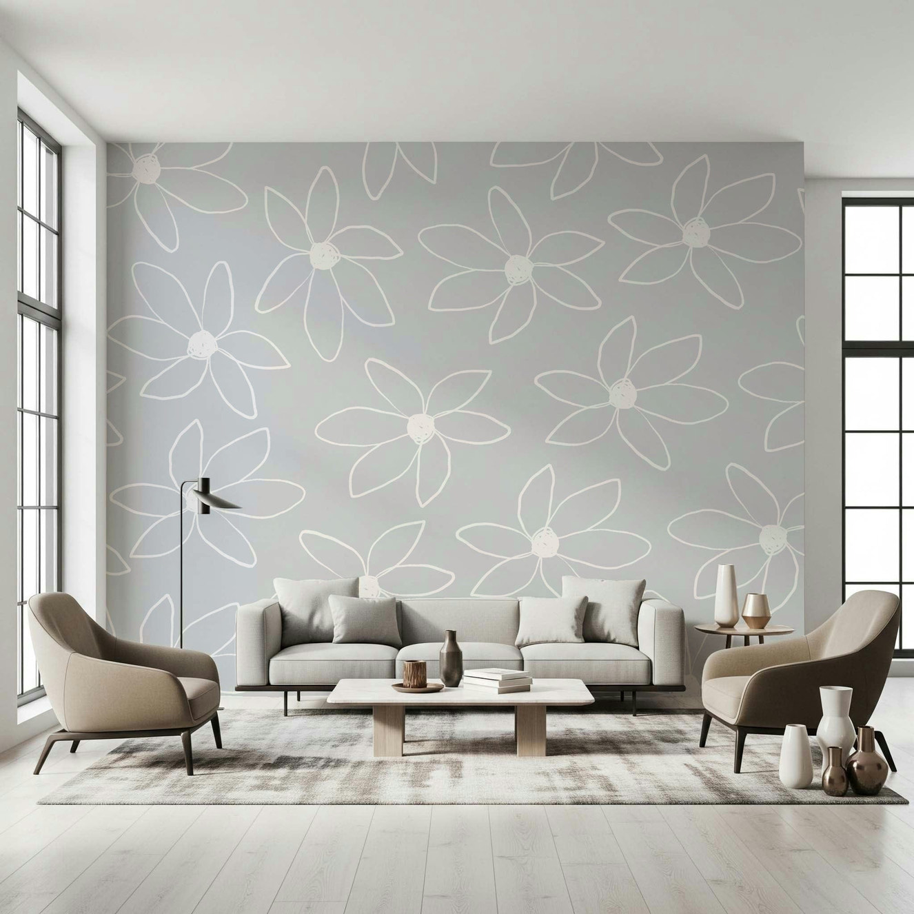 An artistic simple flower mural on minimalist wallpaper.


