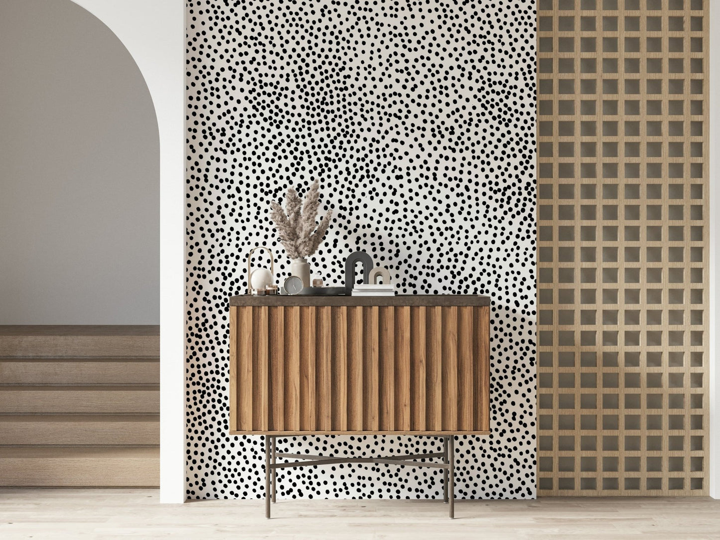Minimalist black and white dot design, contemporary wall mural