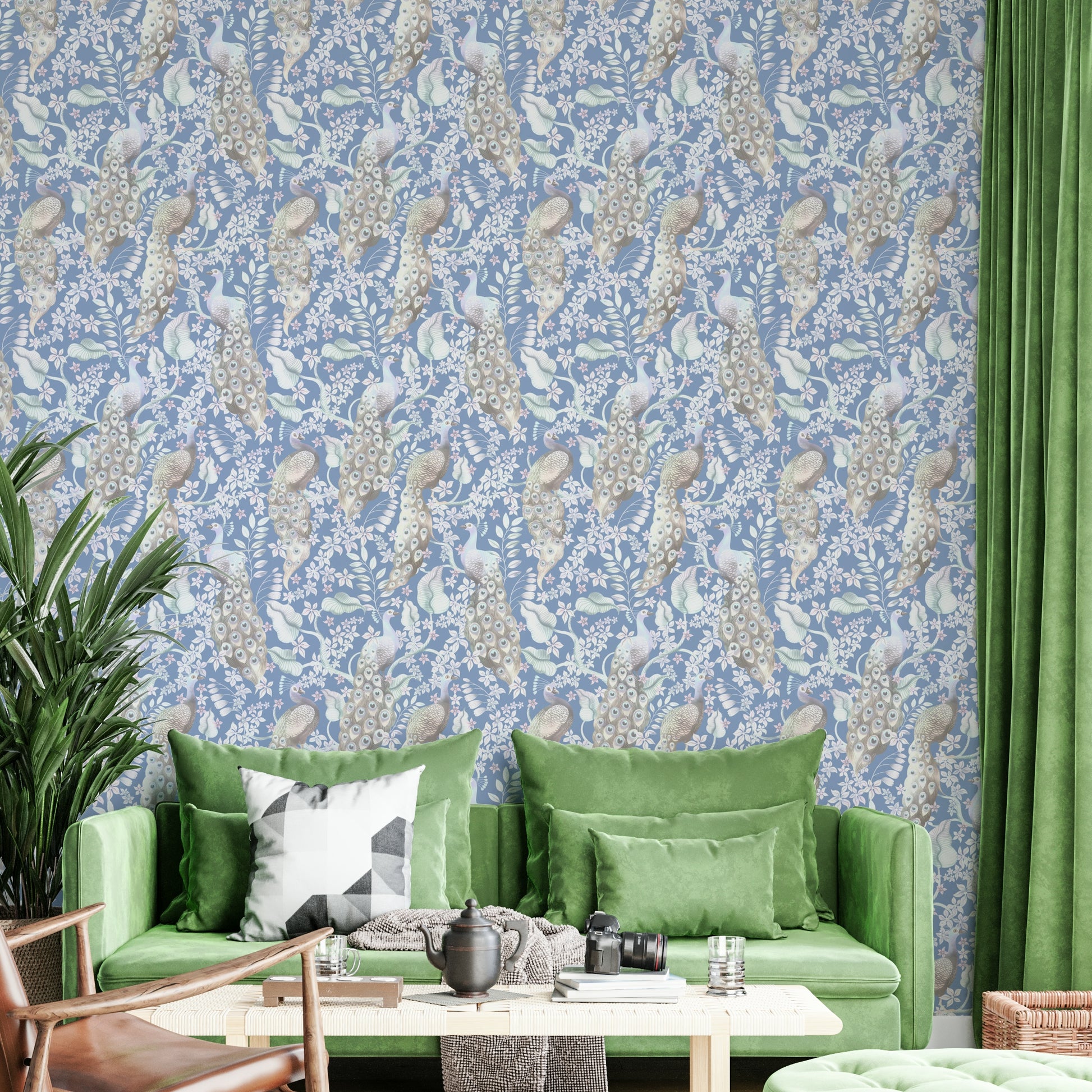 Artistic peacock wallpaper in soft blue shades

