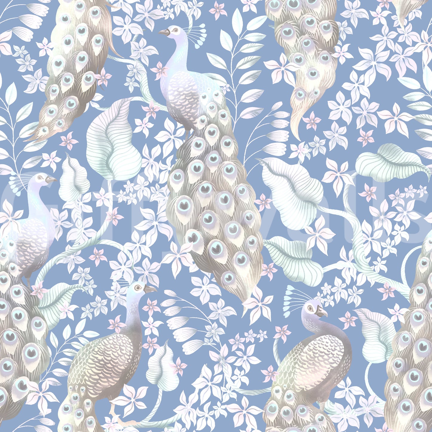 Dove Blue Peacock Paradise Wallpaper⁠