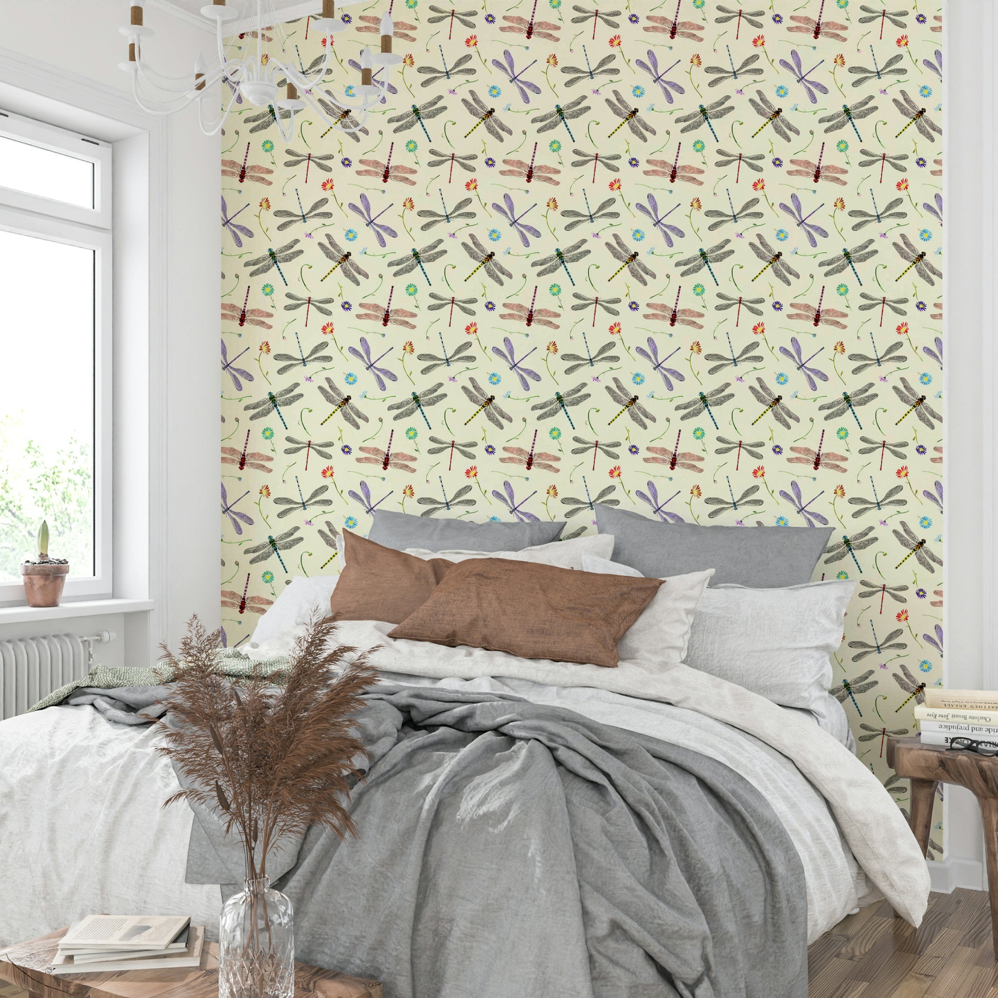 Vibrant mural wallpaper featuring flying insects

