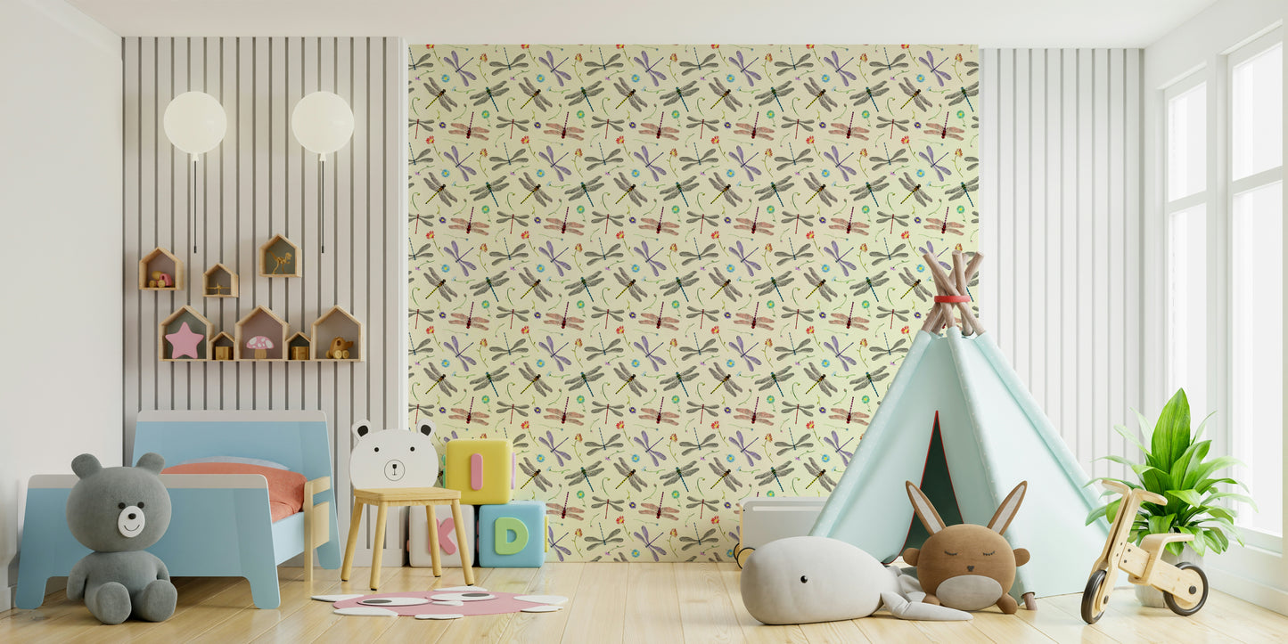Bedroom with dragonfly and damselfly wallpaper

