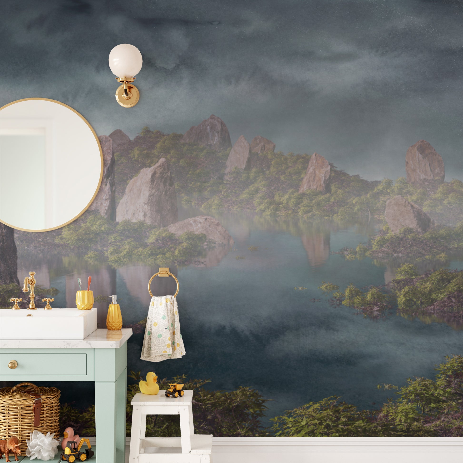 Dramatic Chinese Landscape Blue wallpaper mural of foggy peaks on a kids bathroom wall above a white vanity with gold tap