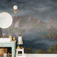Dramatic Chinese Landscape Blue wallpaper mural of foggy peaks on a kids bathroom wall above a white vanity with gold tap