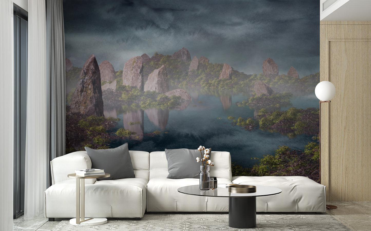 Dramatic Chinese Landscape Blue wallpaper mural of misty peaks and water behind a white sectional sofa in a living room