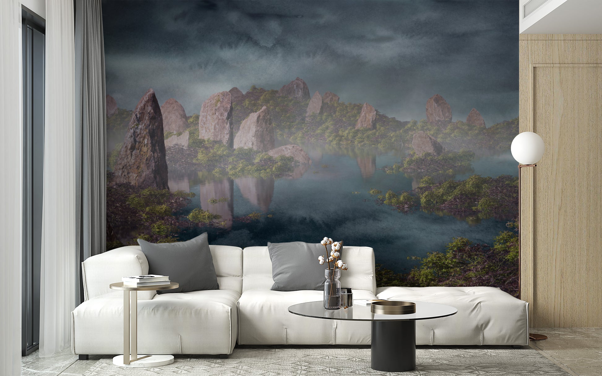 Dramatic Chinese Landscape Blue wallpaper mural of misty peaks and water behind a white sectional sofa in a living room