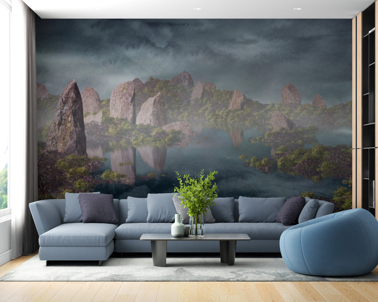 Dramatic Chinese Landscape Blue wallpaper mural of foggy rock peaks behind a gray-blue sectional sofa in a living room