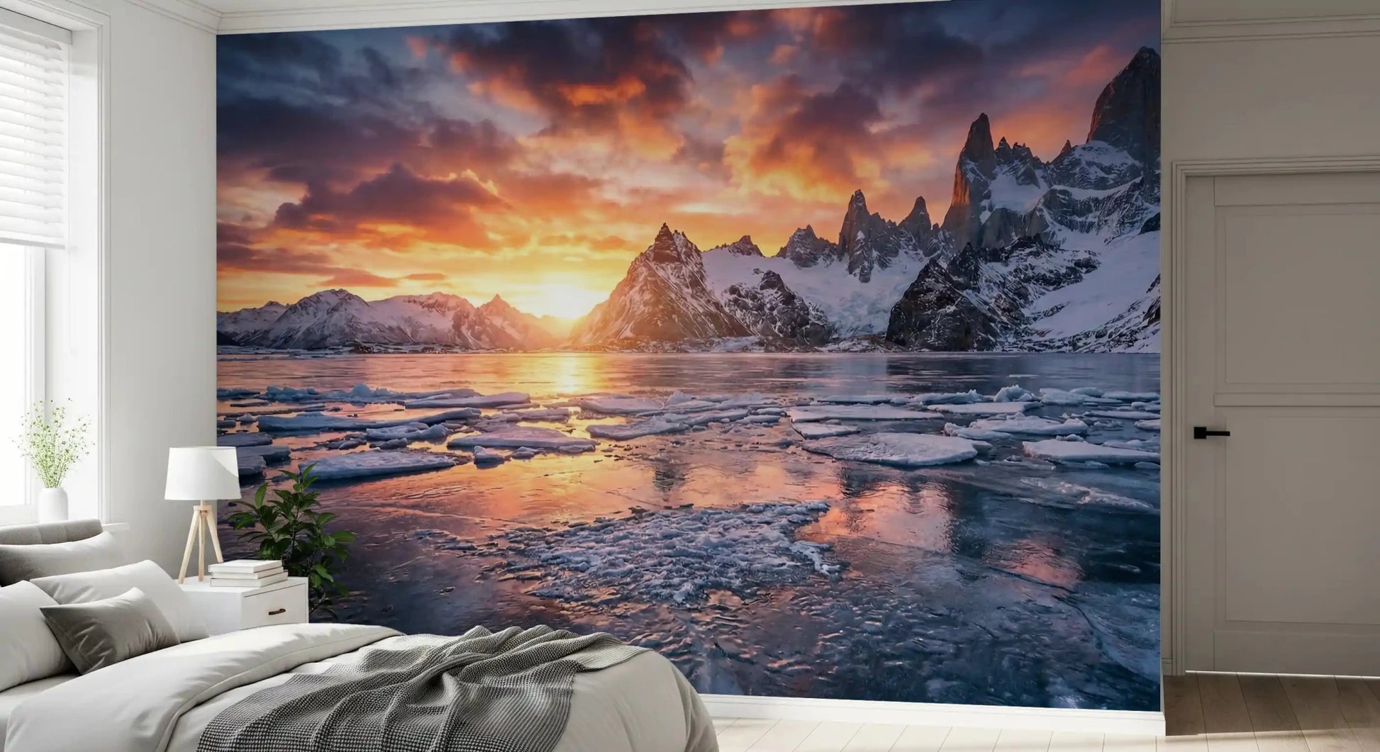 Featuring Dramatic Ice Fire Peaks mountain mural in bedroom