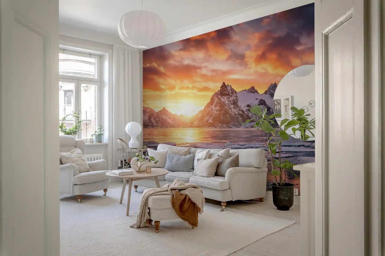 Capturing Dramatic Ice Fire Peaks wall mural in living room