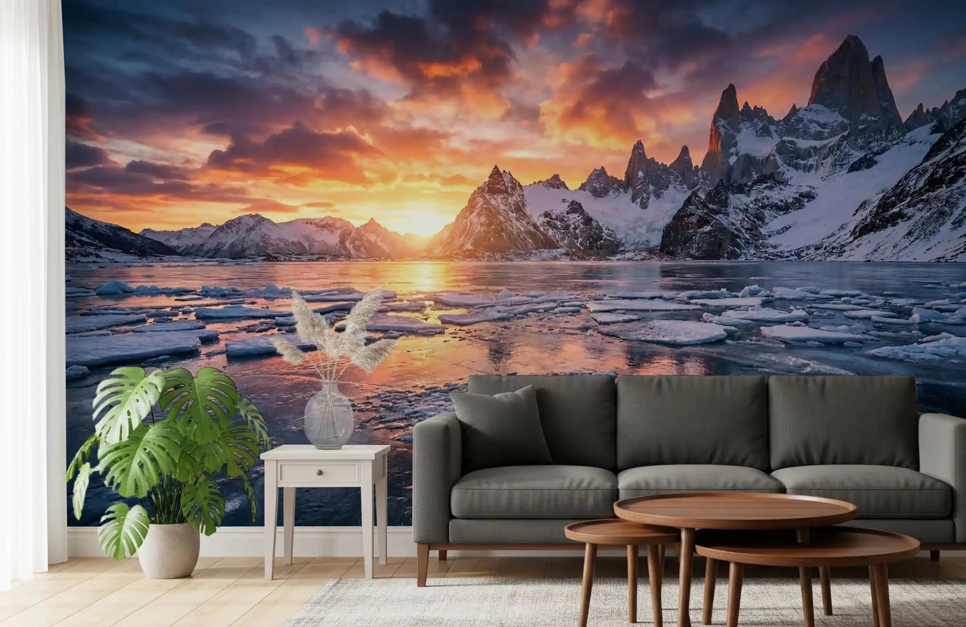 Highlighting Dramatic Ice Fire Peaks landscape mural in office room