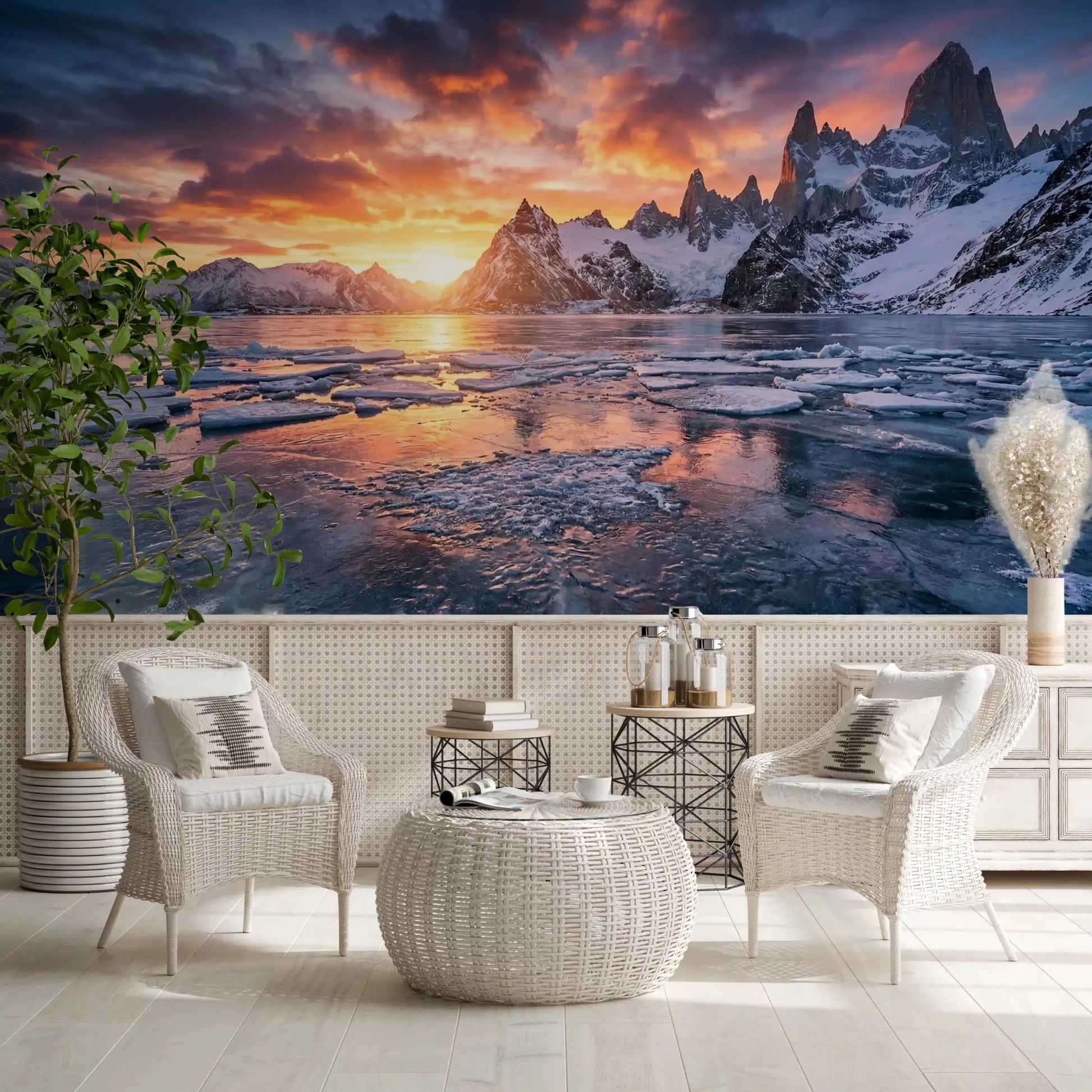 Showcasing Dramatic Ice Fire Peaks scenic mural in hallway