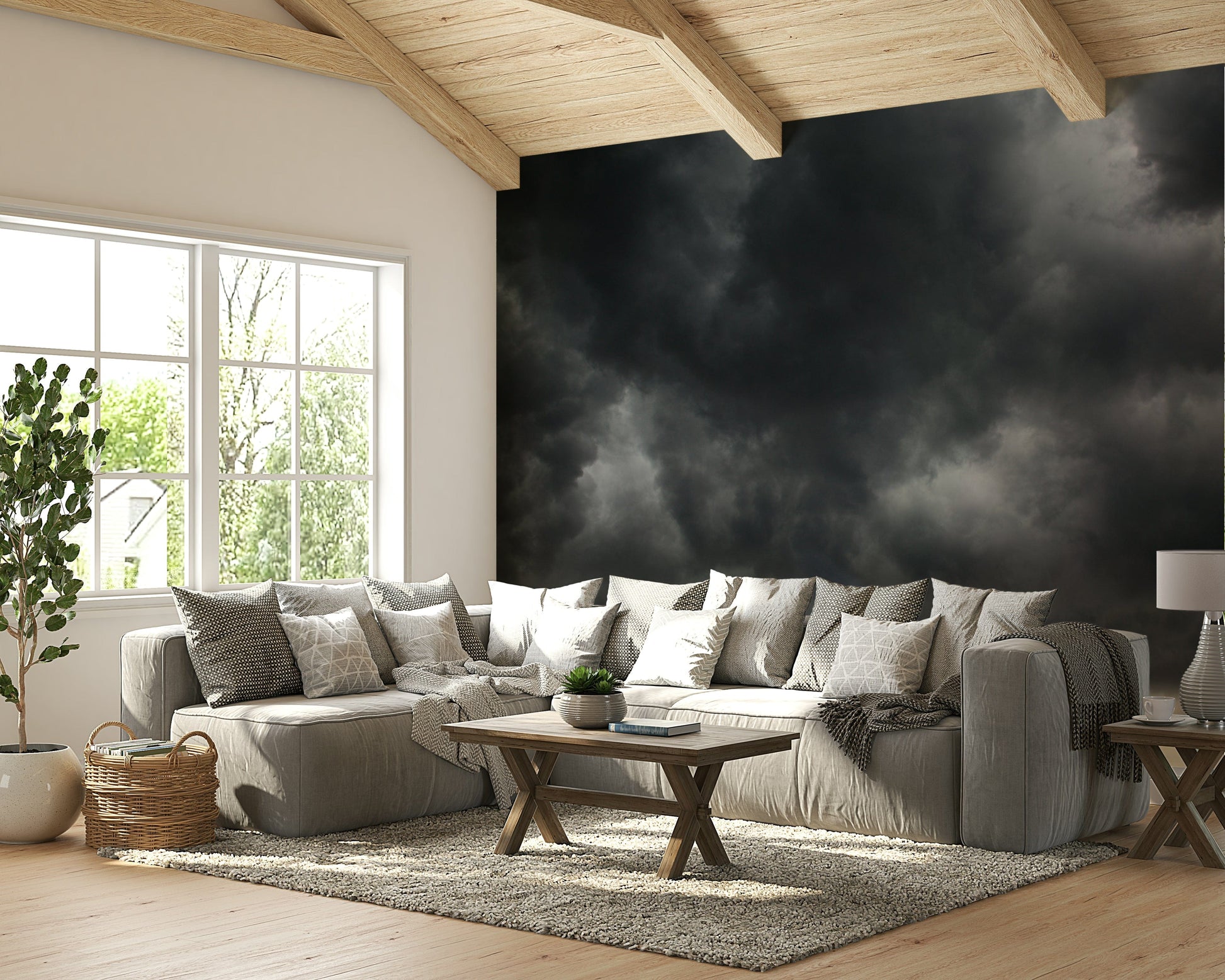 A graceful subtle cloud wall mural in cool, gray tones.

