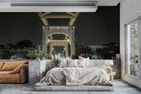 The wall mural is installed on a living room feature wall.

