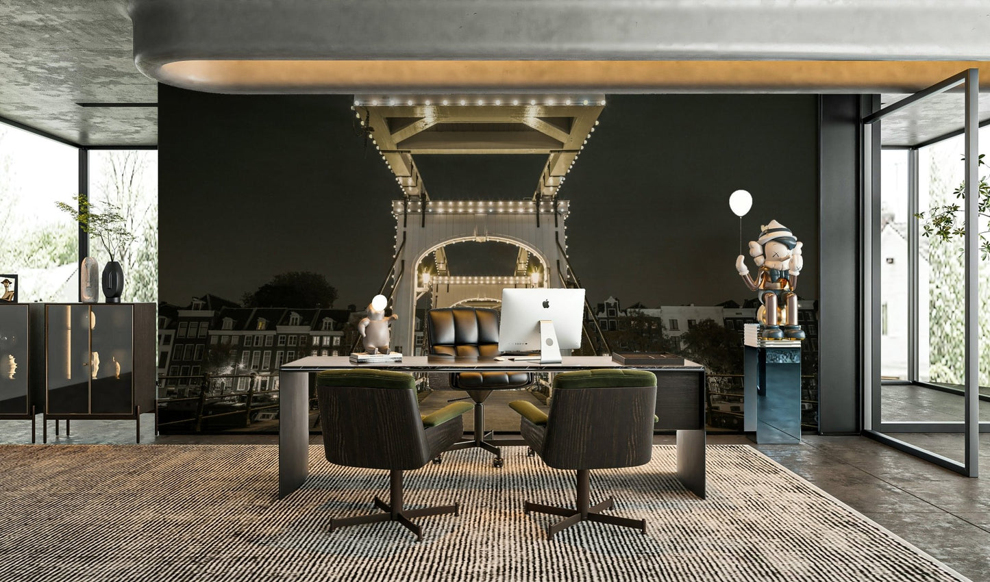 A high-resolution photo-realistic wall mural of a lit drawbridge at night.

