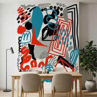 A lively drawing flow wallpaper with red, teal, and black shapes creating rhythmic movement.
