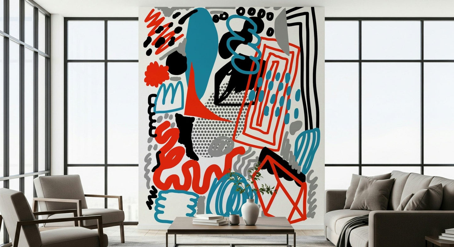 A contemporary wallpaper featuring overlapping shapes and expressive hand-drawn strokes.
