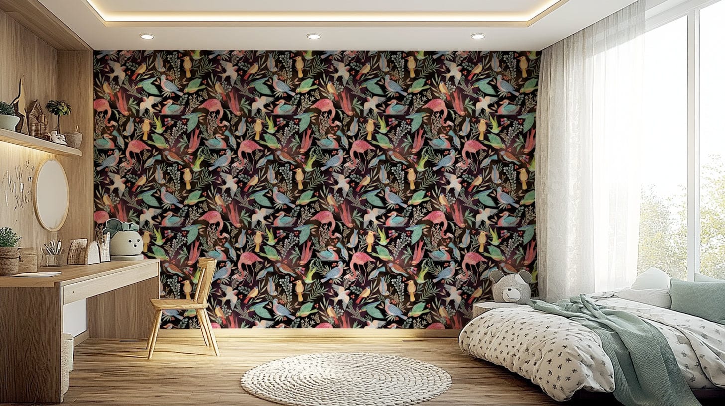Dream Dark Birdwatcher's wallpaper of colorful birds on black behind a white desk and green-bedded bedroom