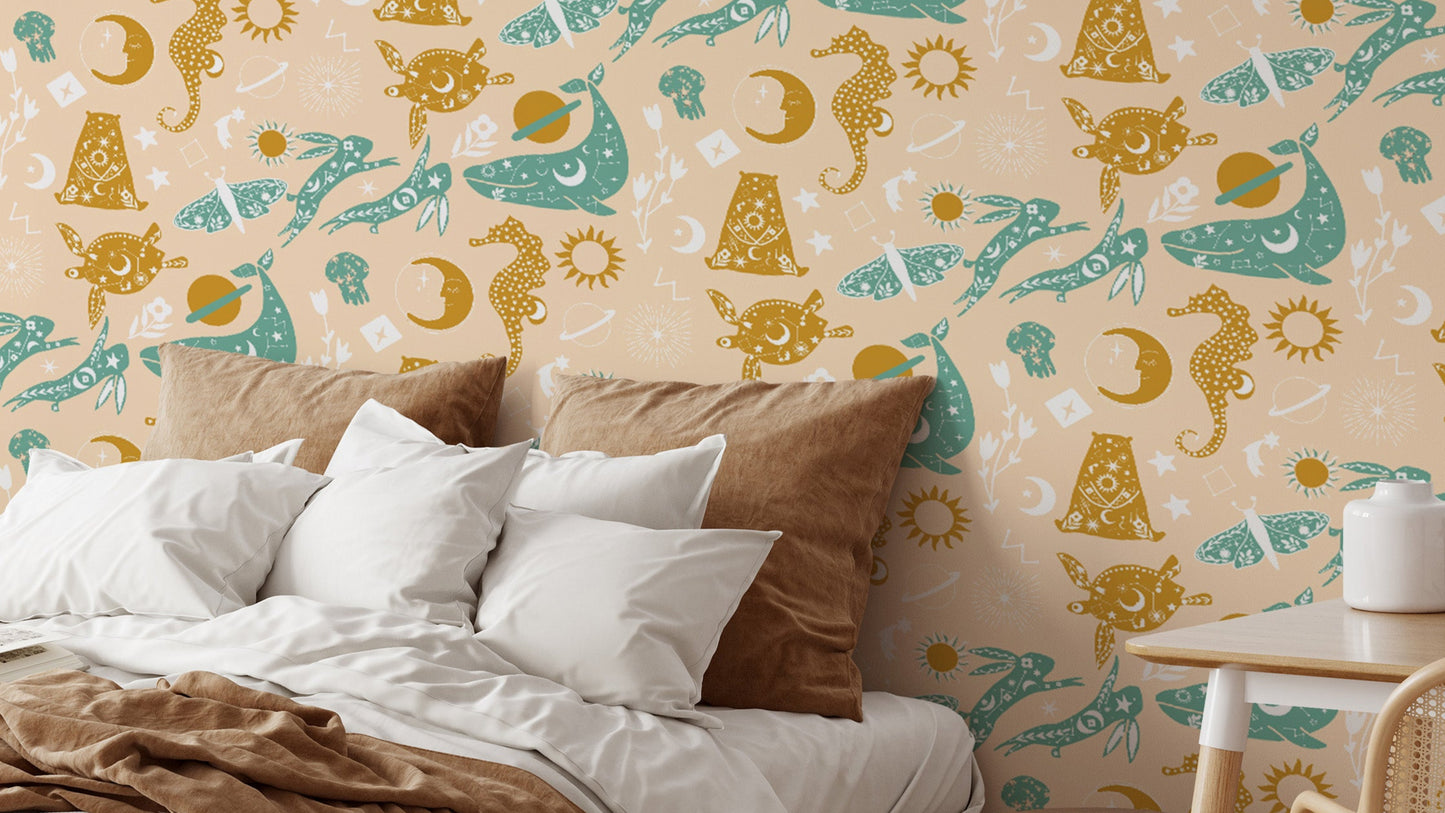 Dream night wallpaper with animals and flowers
