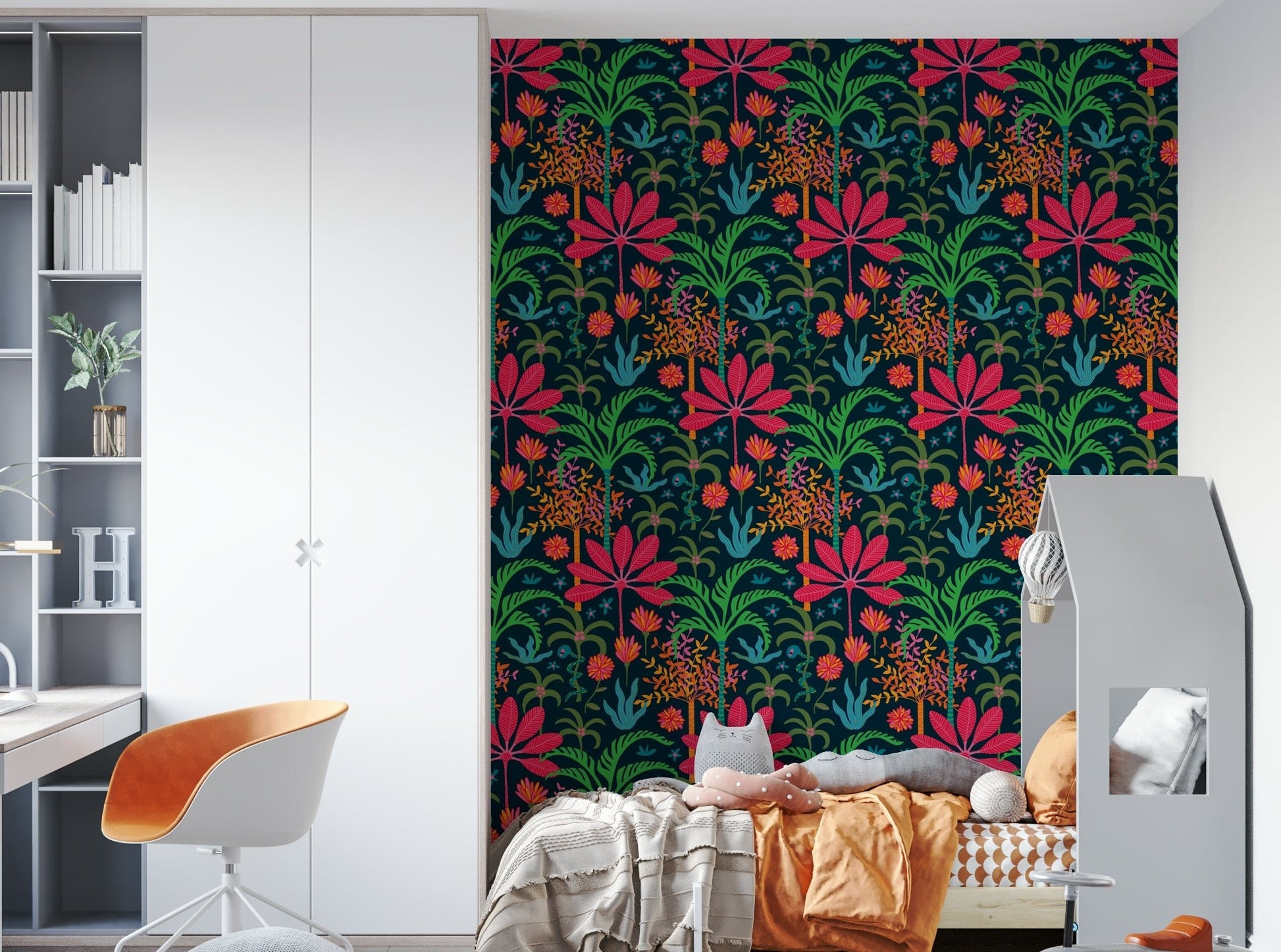 A wall mural of a peaceful floral and plant pattern.

