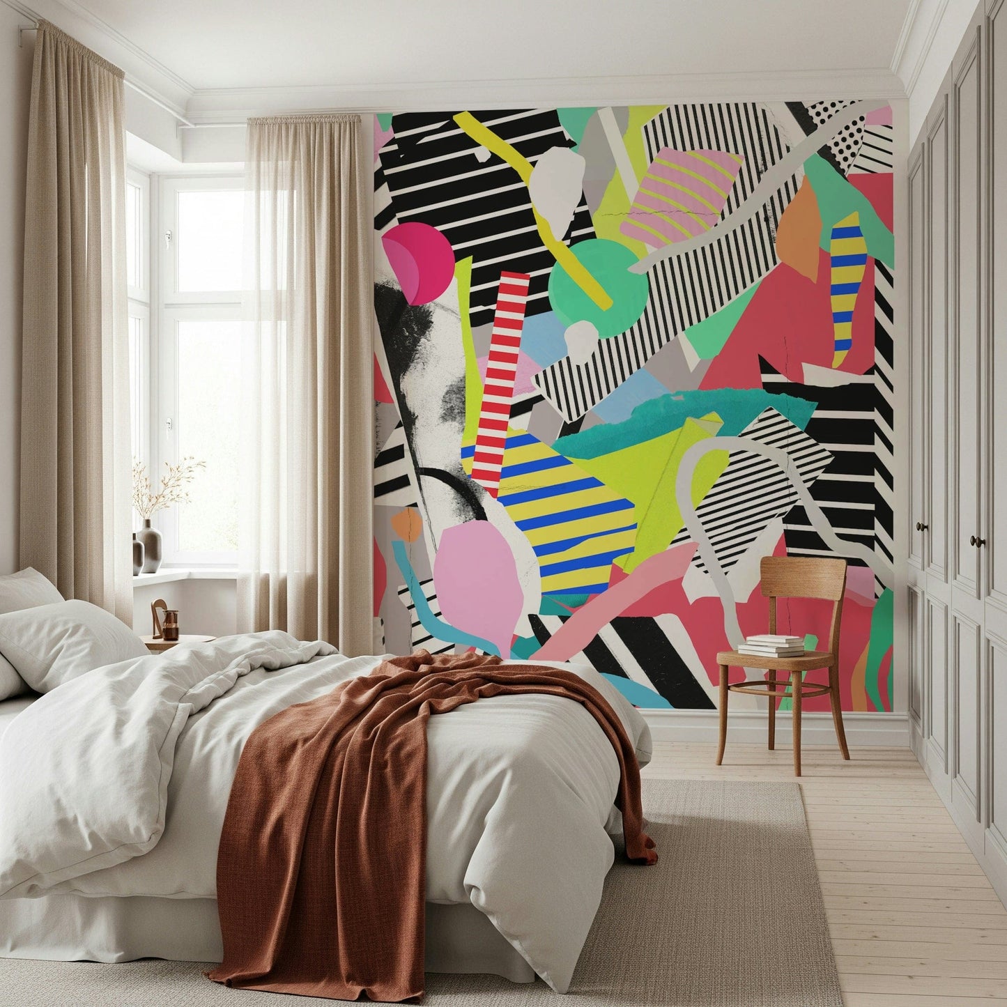 A peaceful modern abstract mural on decorative wallpaper.