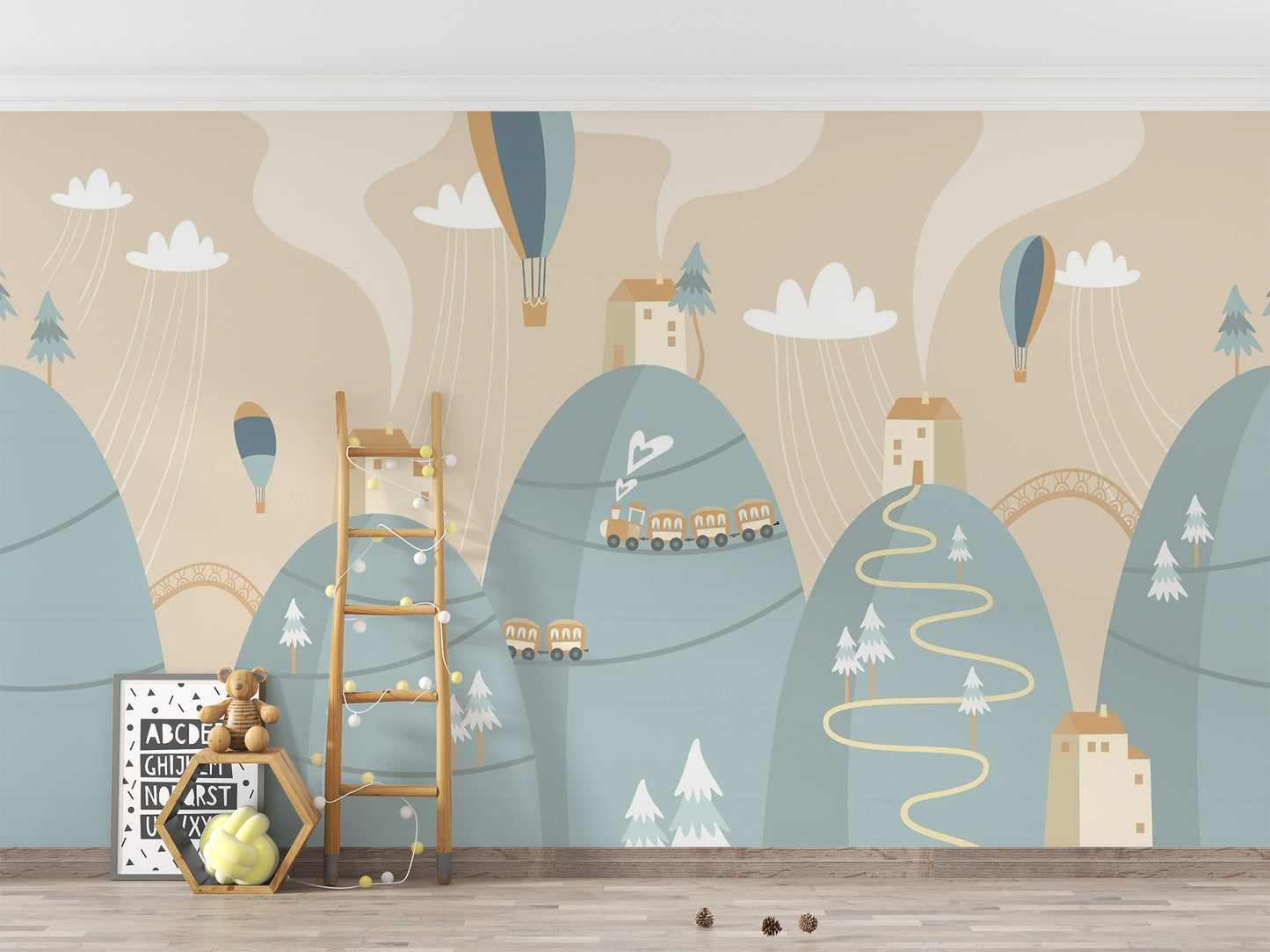 Playful Mountain with Houses Kids Dreamland Wallpaper - Giffywalls