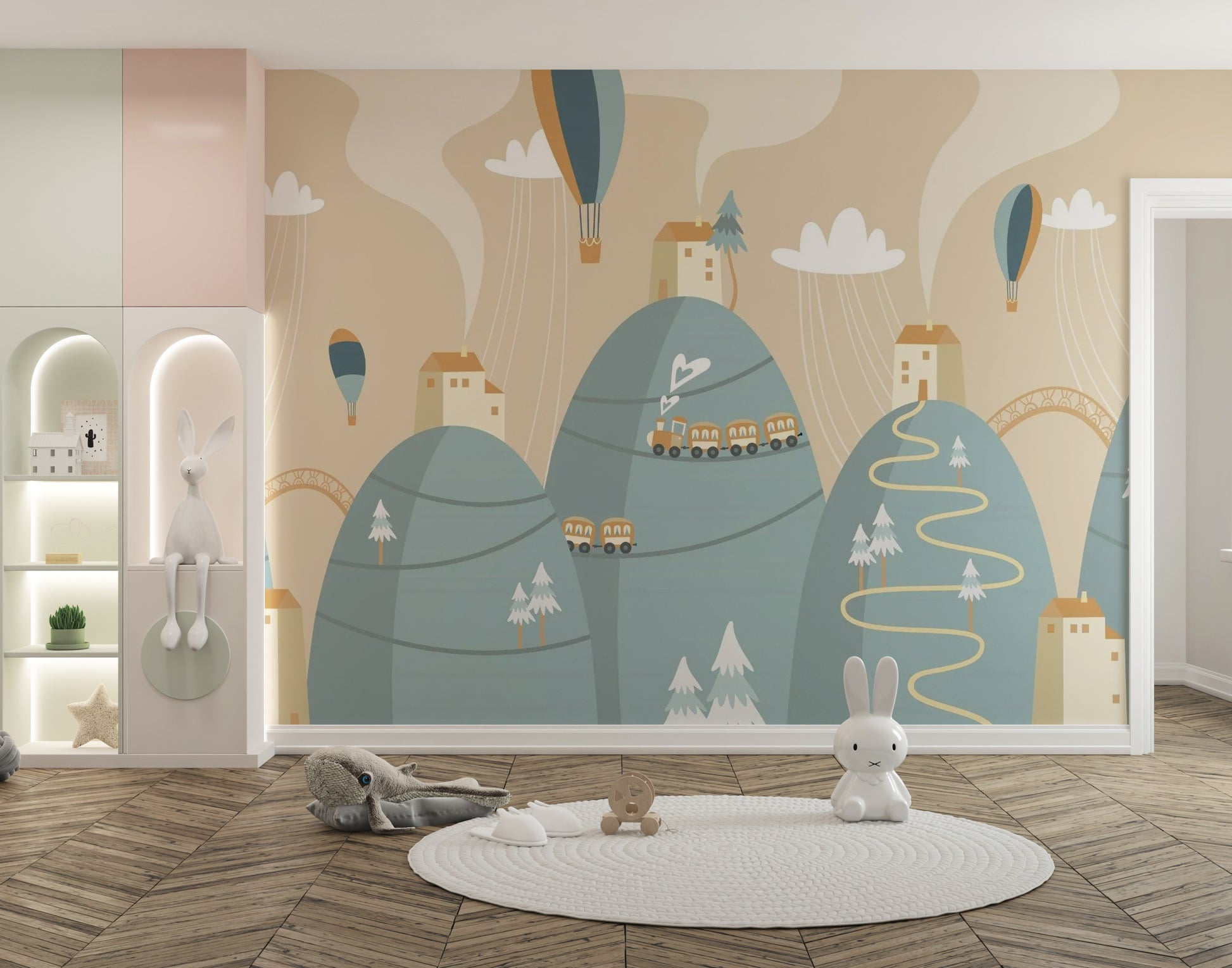 Kids’ room Playful Mountain with Houses Wallpaper design
