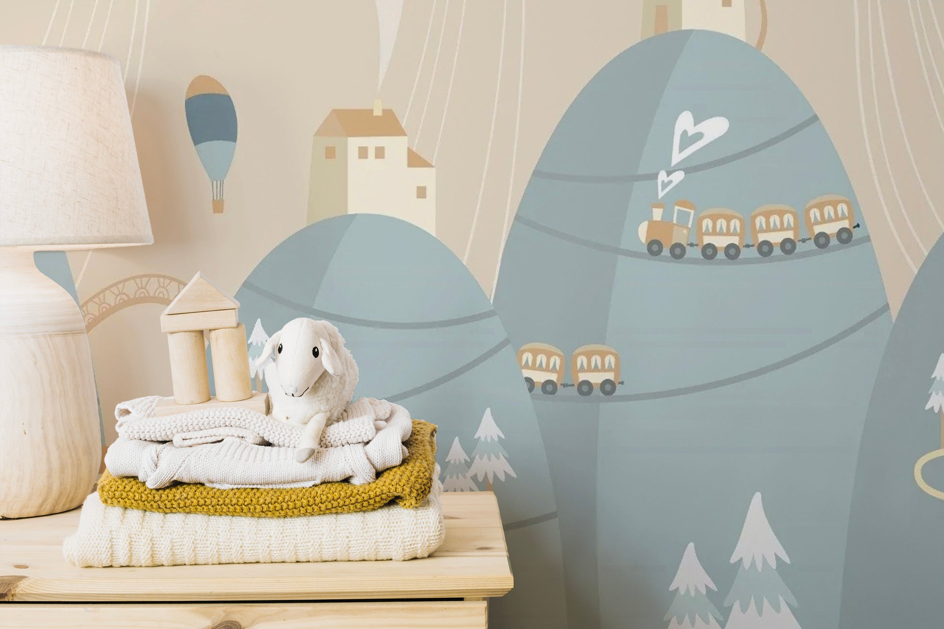 Playful mountain design with houses for kids' rooms
