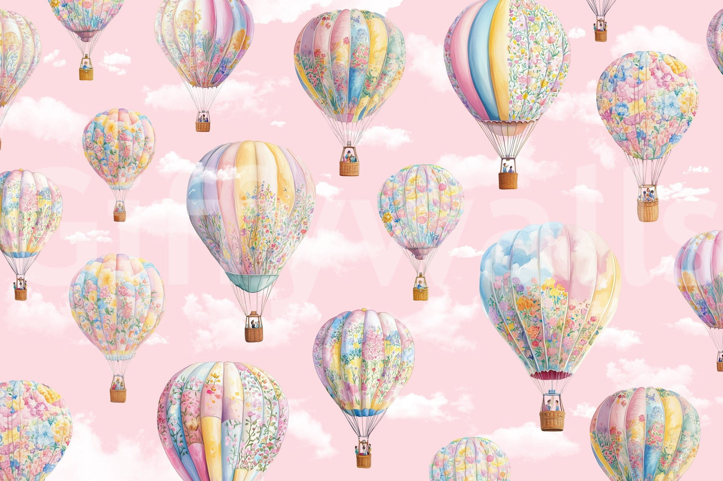 Dreamy Balloon Voyage wallpaper mural close-up of pastel floral hot air balloons drifting on a pink cloudy sky