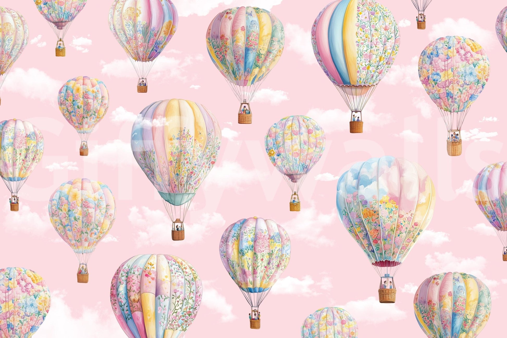 Dreamy Balloon Voyage wallpaper mural close-up of pastel floral hot air balloons drifting on a pink cloudy sky