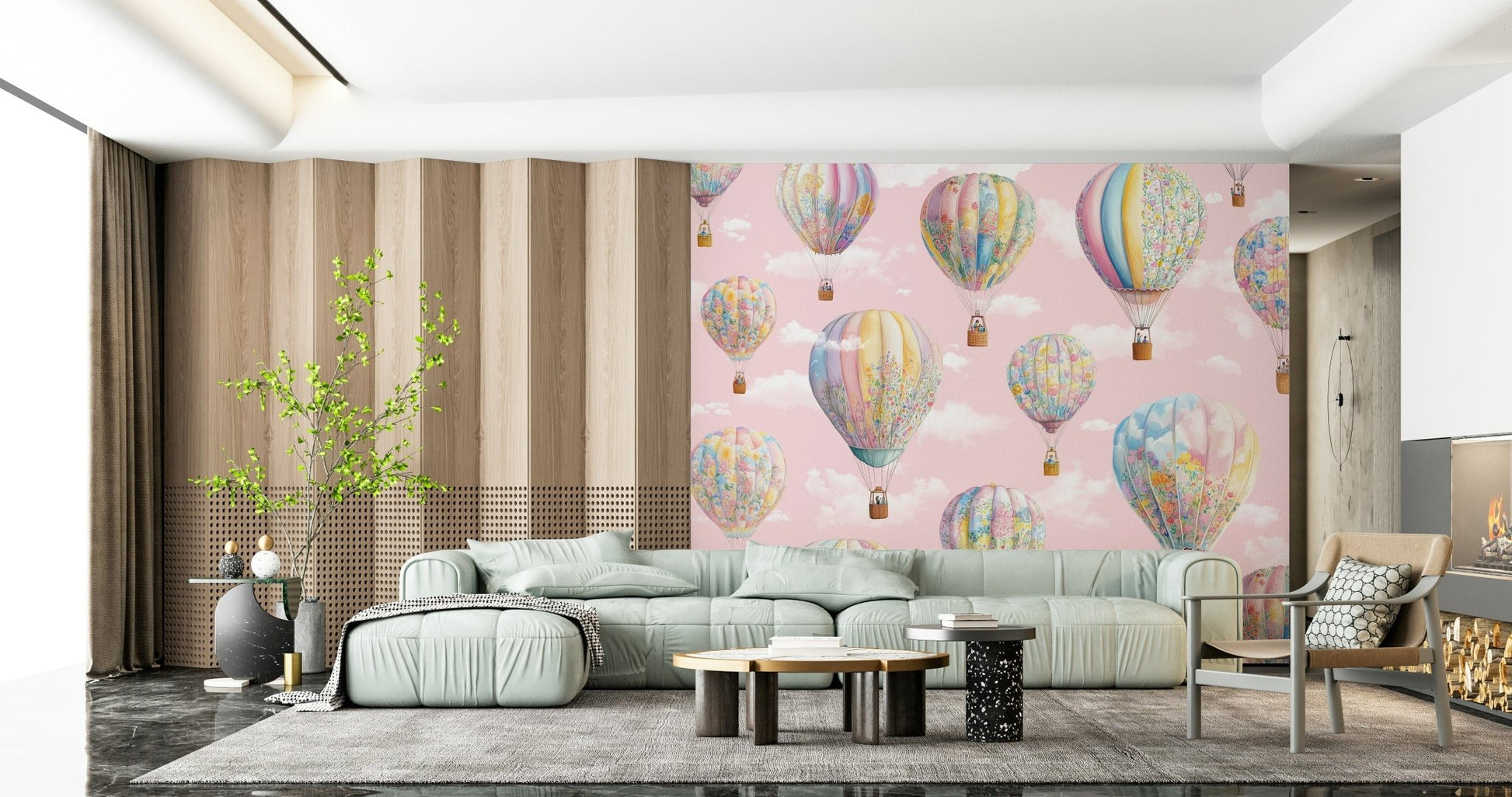 Dreamy Balloon Voyage wallpaper mural with pastel hot air balloons behind a mint sectional sofa and wood-slat wall