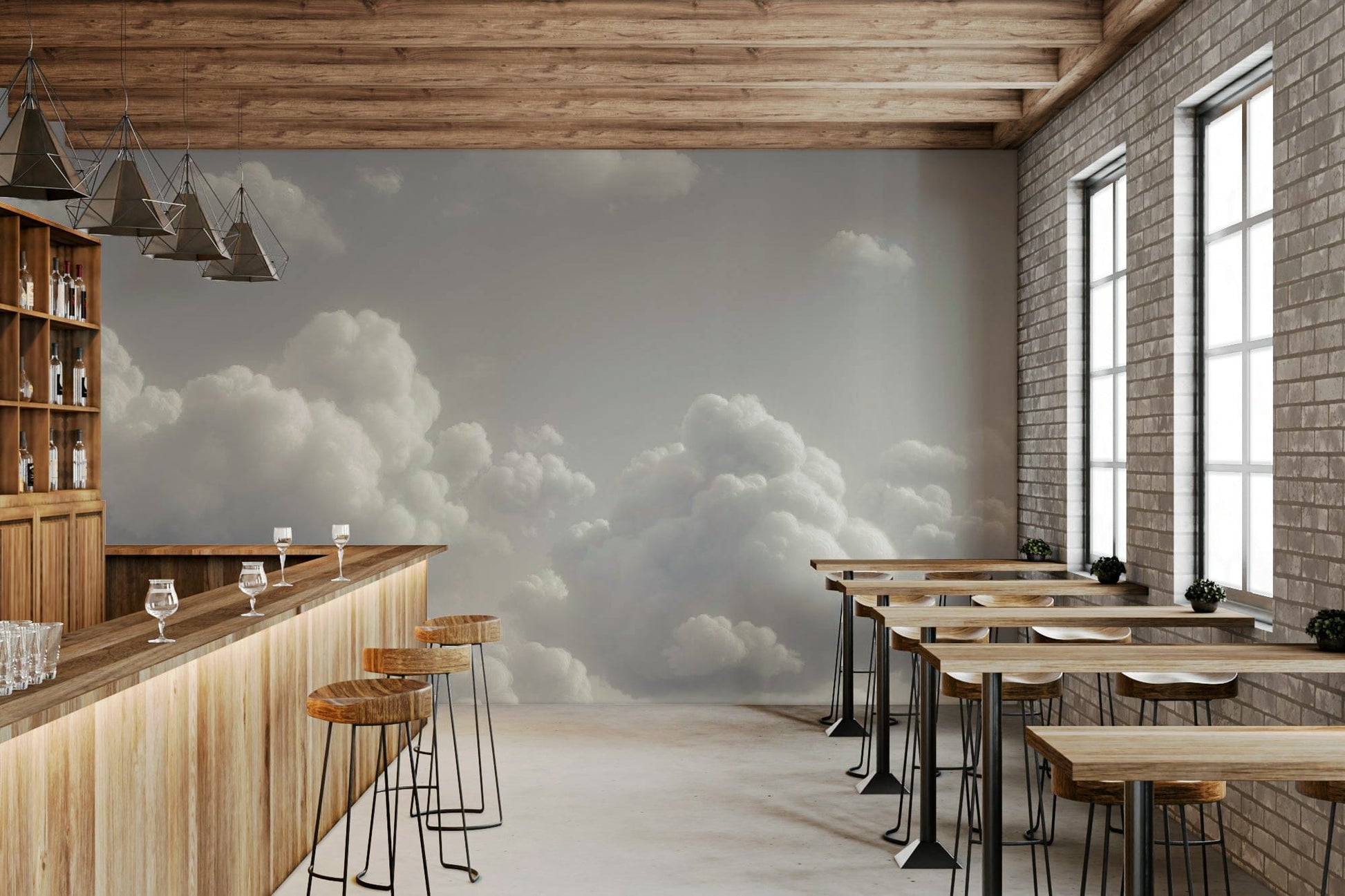 A peaceful atmospheric mural on decorative wallpaper.


