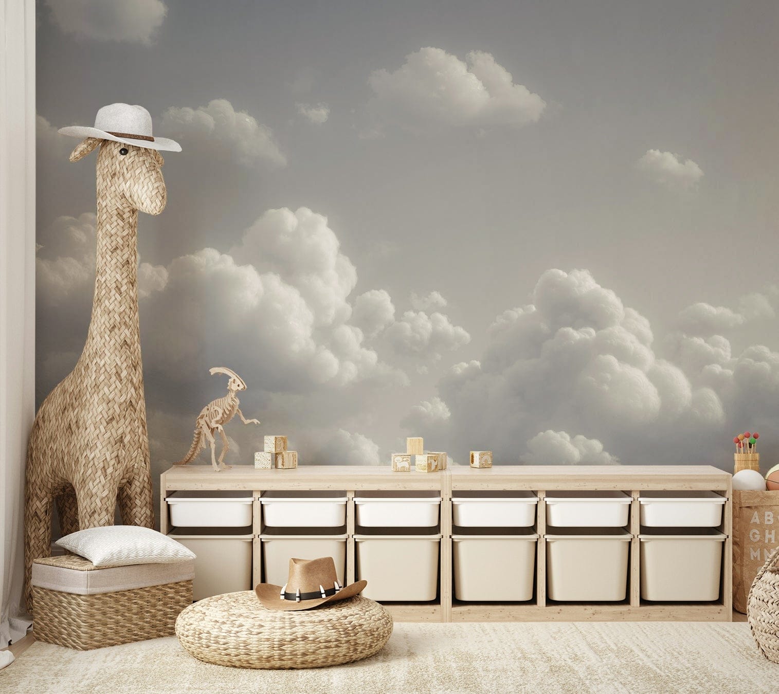 An artistic soft cloud mural on minimalist wallpaper.



