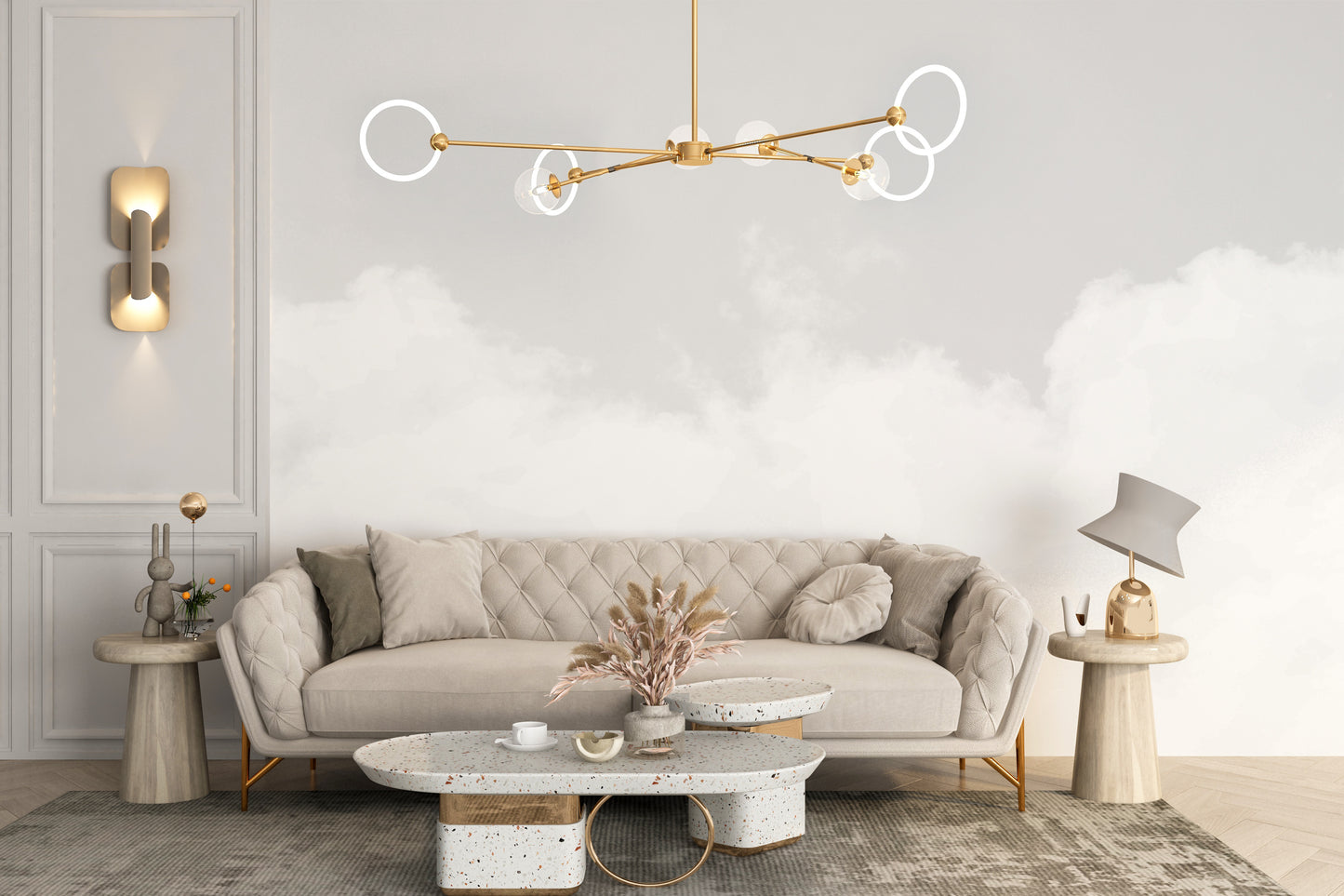 Modern nursery interior design showcasing the Cloud Dancer peel and stick wallpaper.