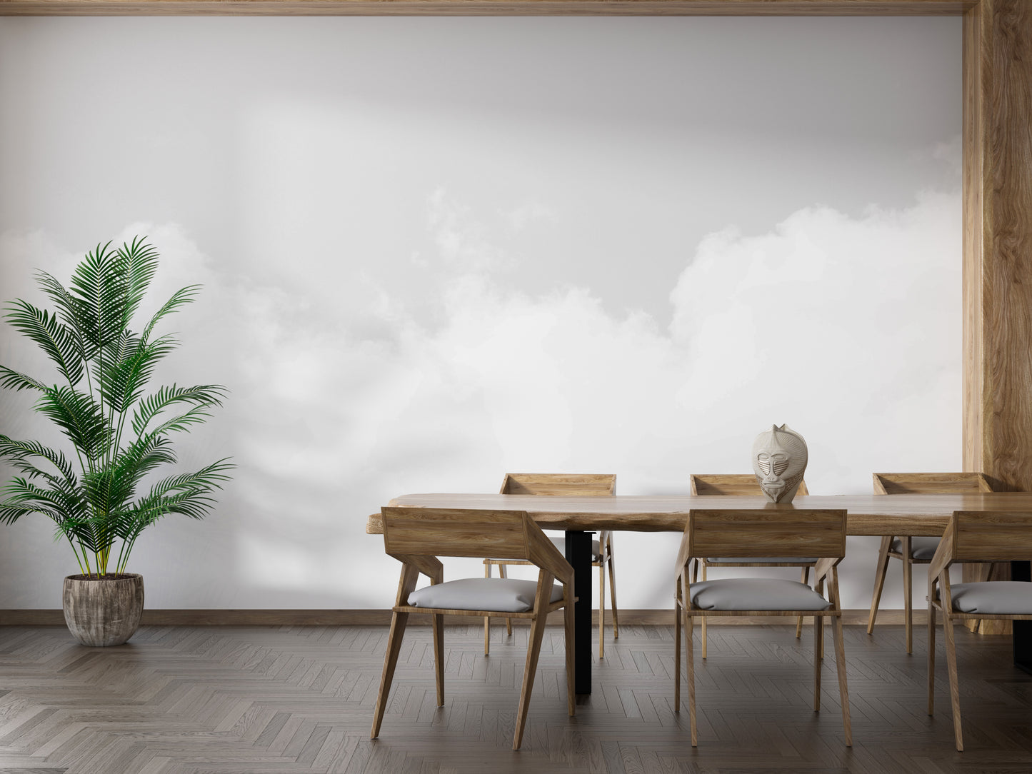 Cloud Dancer wallpaper mural featuring soft fluffy clouds in a blue sky.