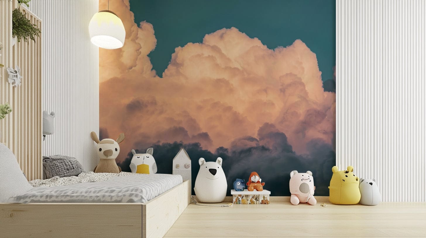 A minimalist interior with the cloud-themed wallpaper.