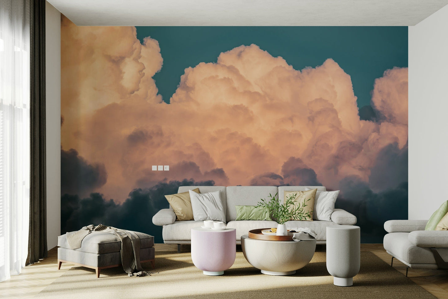 The peel and stick wallpaper showing realistic sky textures.