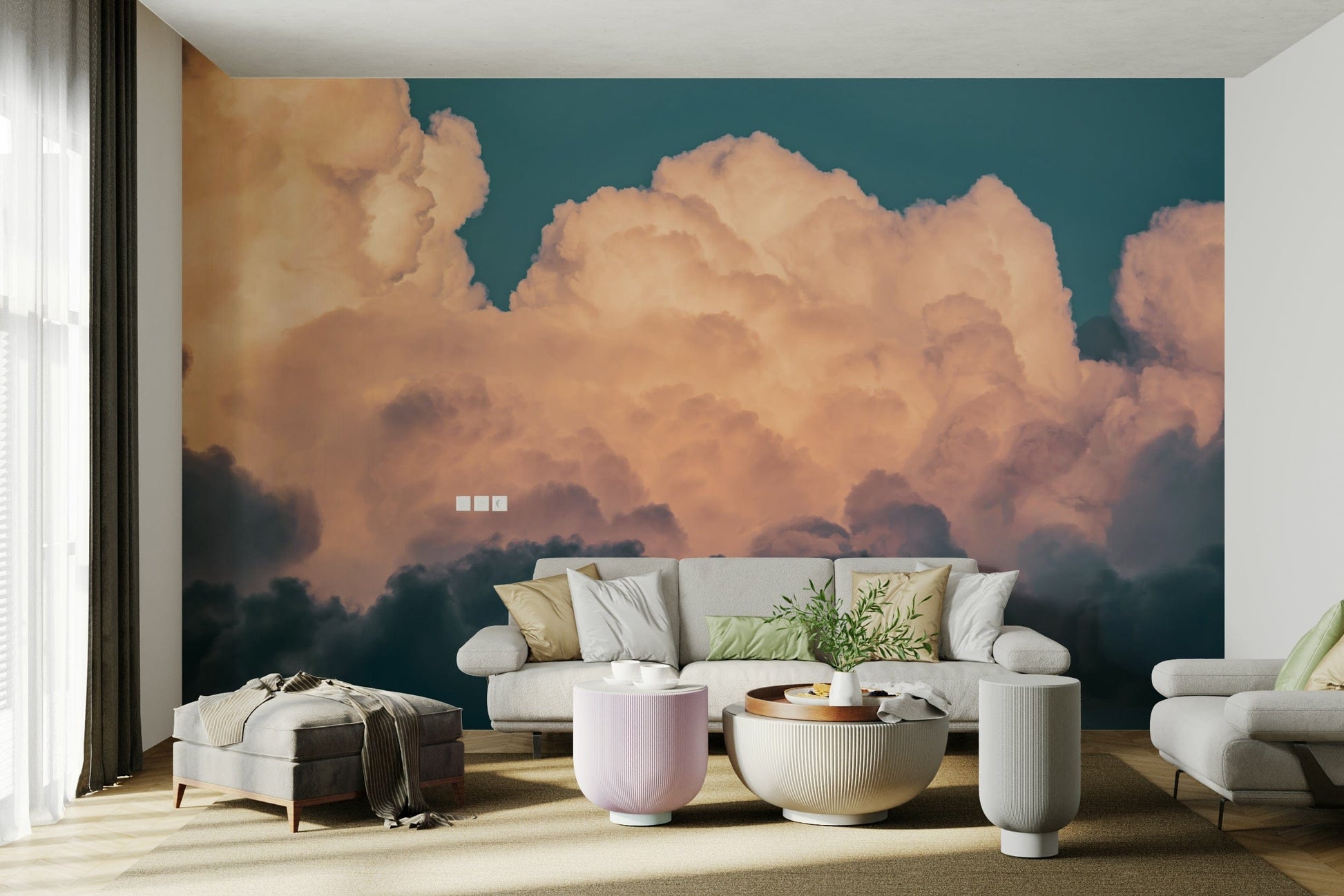 The peel and stick wallpaper showing realistic sky textures.