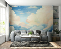 Sky wall art in a sun-drenched master bedroom with white linen.