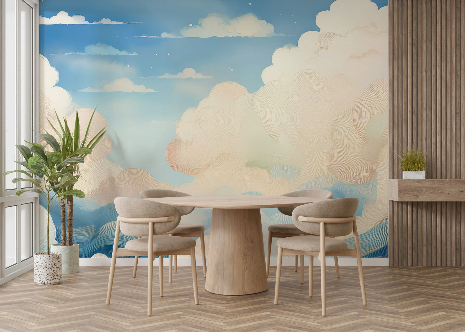 Whimsical sky illustration for a stylish playroom feature wall.