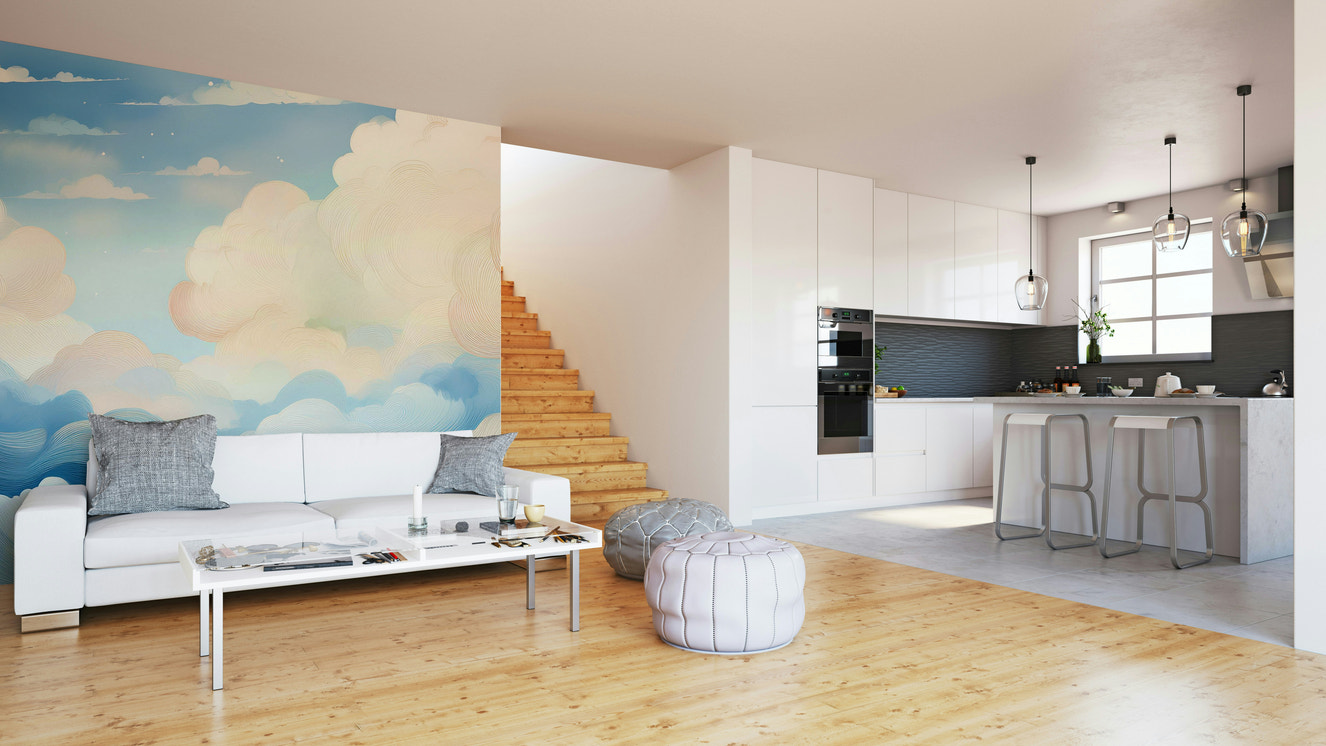 Modern home styling with a soft cloud and blue sky mural.