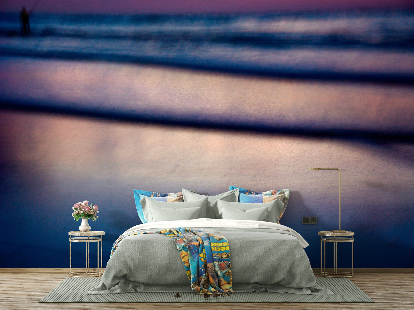 A tranquil abstract art mural on decorative wallpaper.

