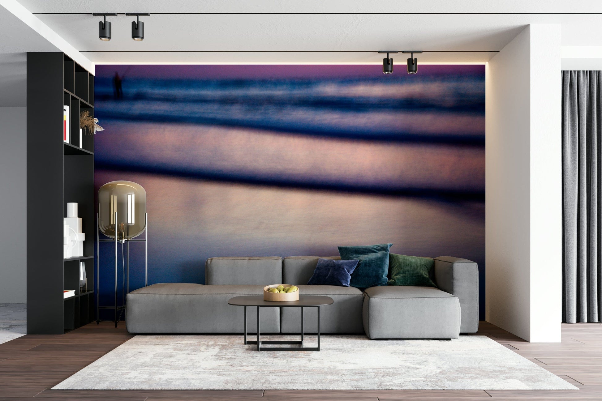 An artistic contemplative mural on minimalist wallpaper.

