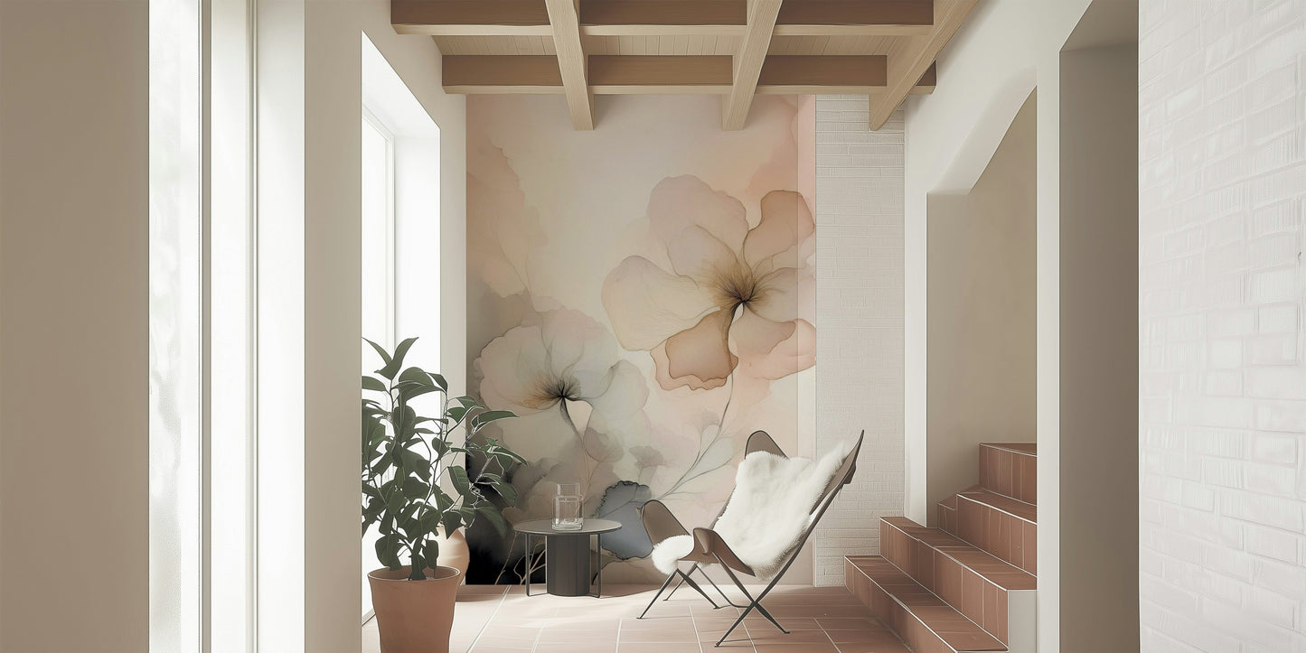 Floral Haze design mural with gentle, faded flowers for a serene and elegant interior look.